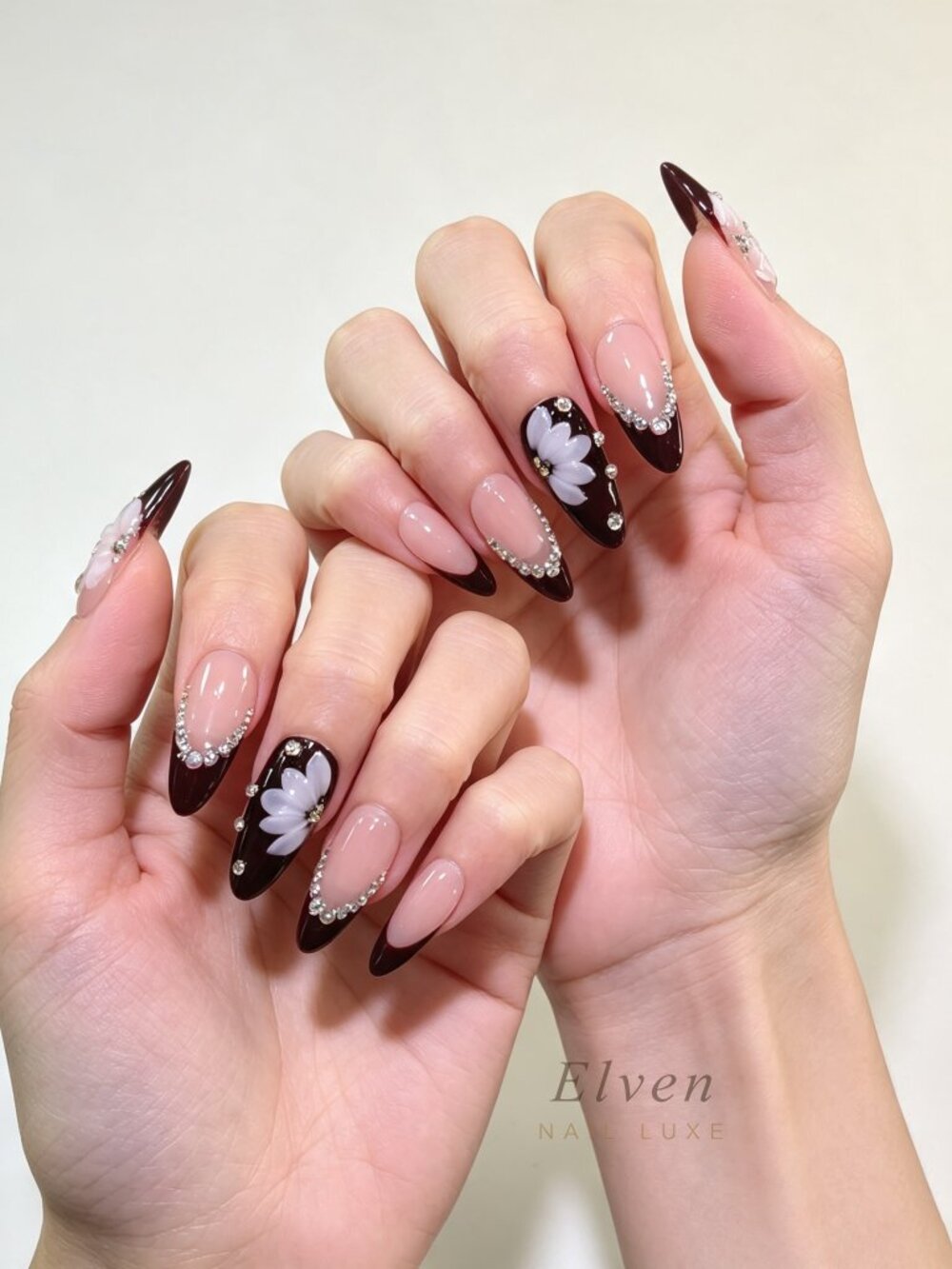 Rhinestone Nude & Plum With White Floral Almond Handmade Press On Nails